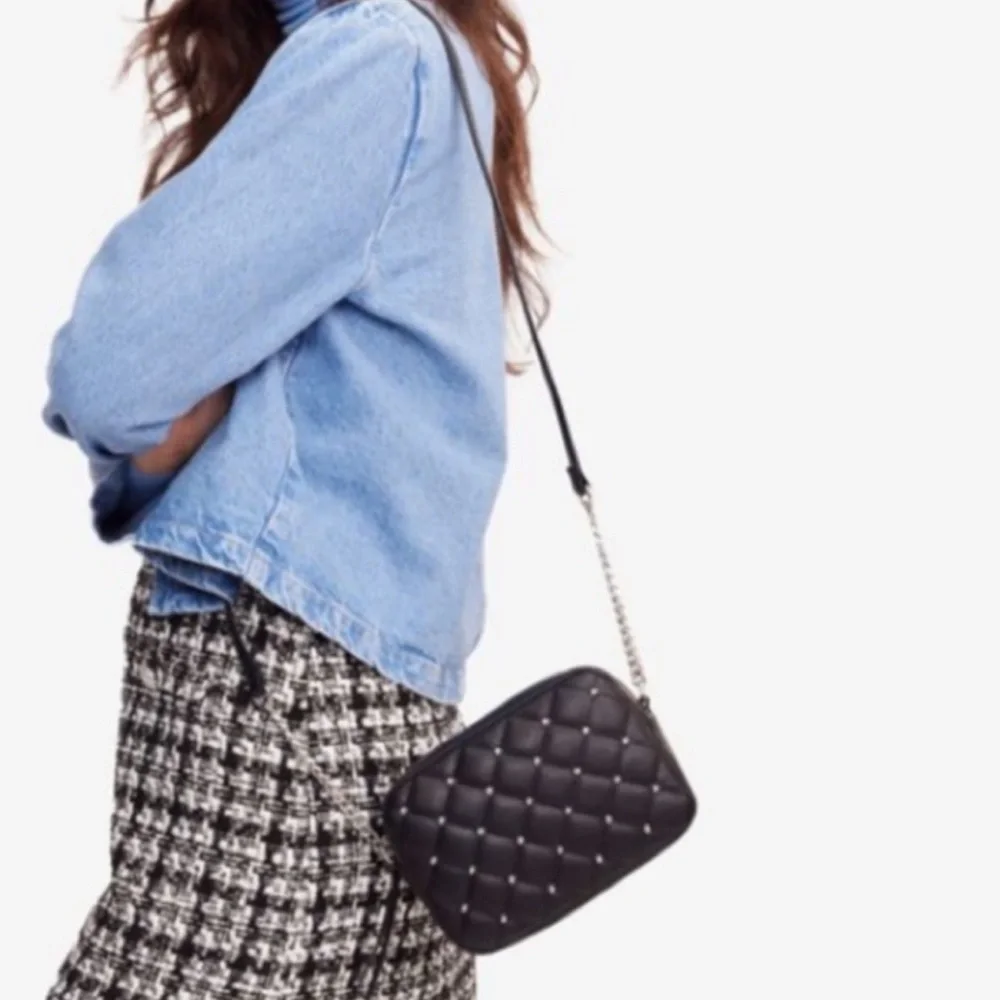 NWT Rebecca Minkoff Diamond Quilt Studded Top Zip Crossbody Bag Black